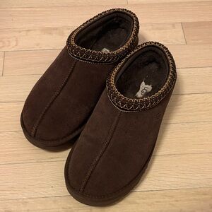 UGG women’s Dark Brown Suede Slip-On Clog with Embroidered Trim